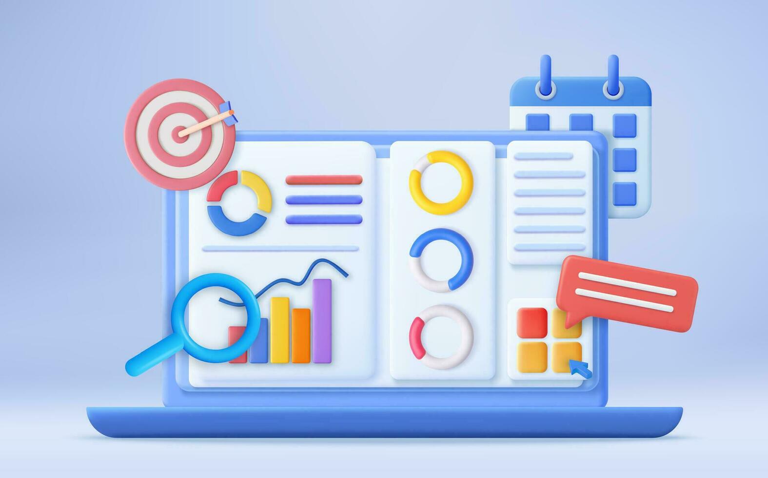 3D Financial report chart, SEO Optimization, web analytics and seo marketing concept. Business strategy. Landing page template. 3d rendering. Vector illustration