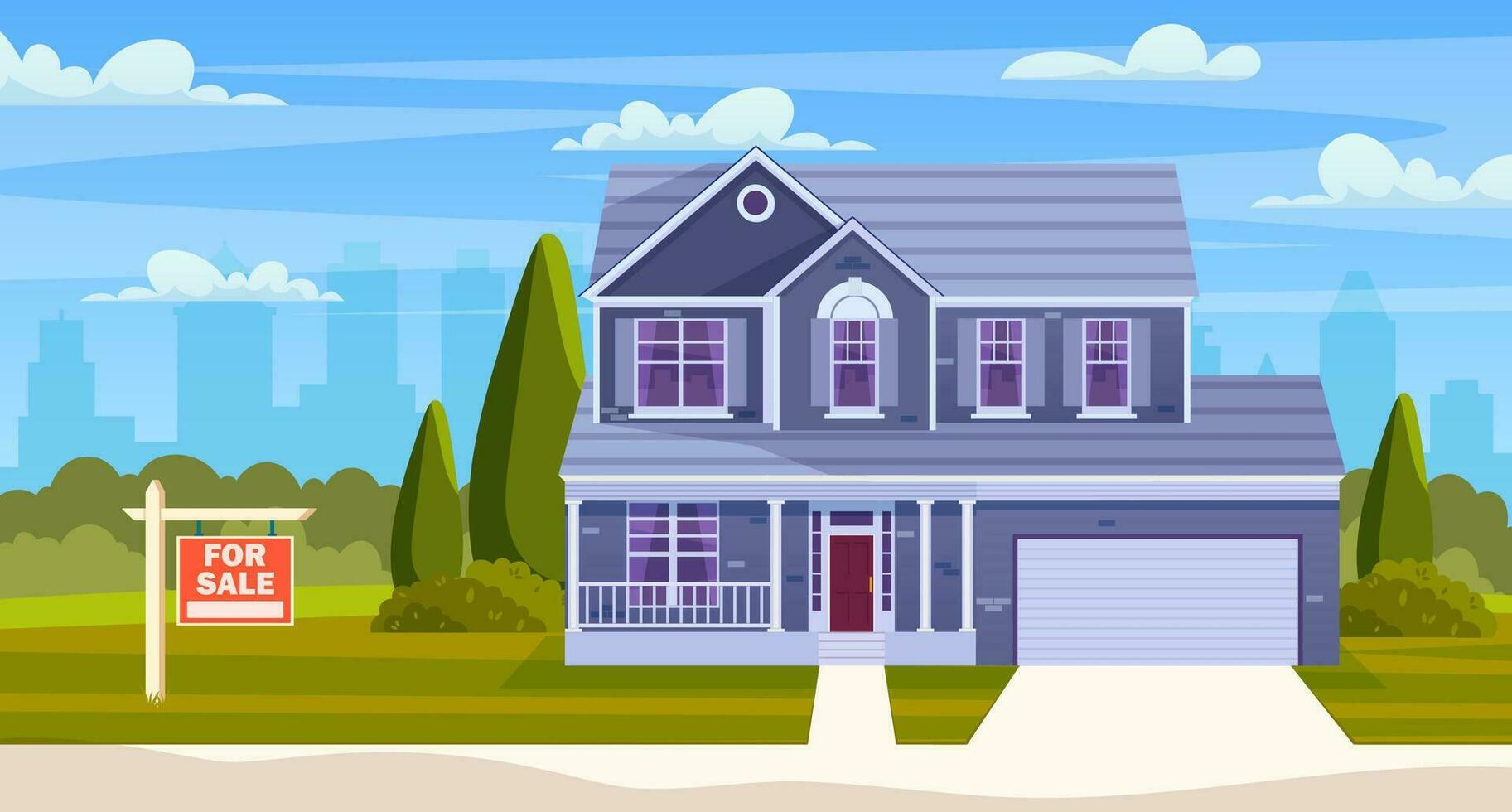 Real estate concept. House for sale. Suburban house with sign for sale and garage. cartoon residential cottage with cityscape on background. Vector illustration in flat style