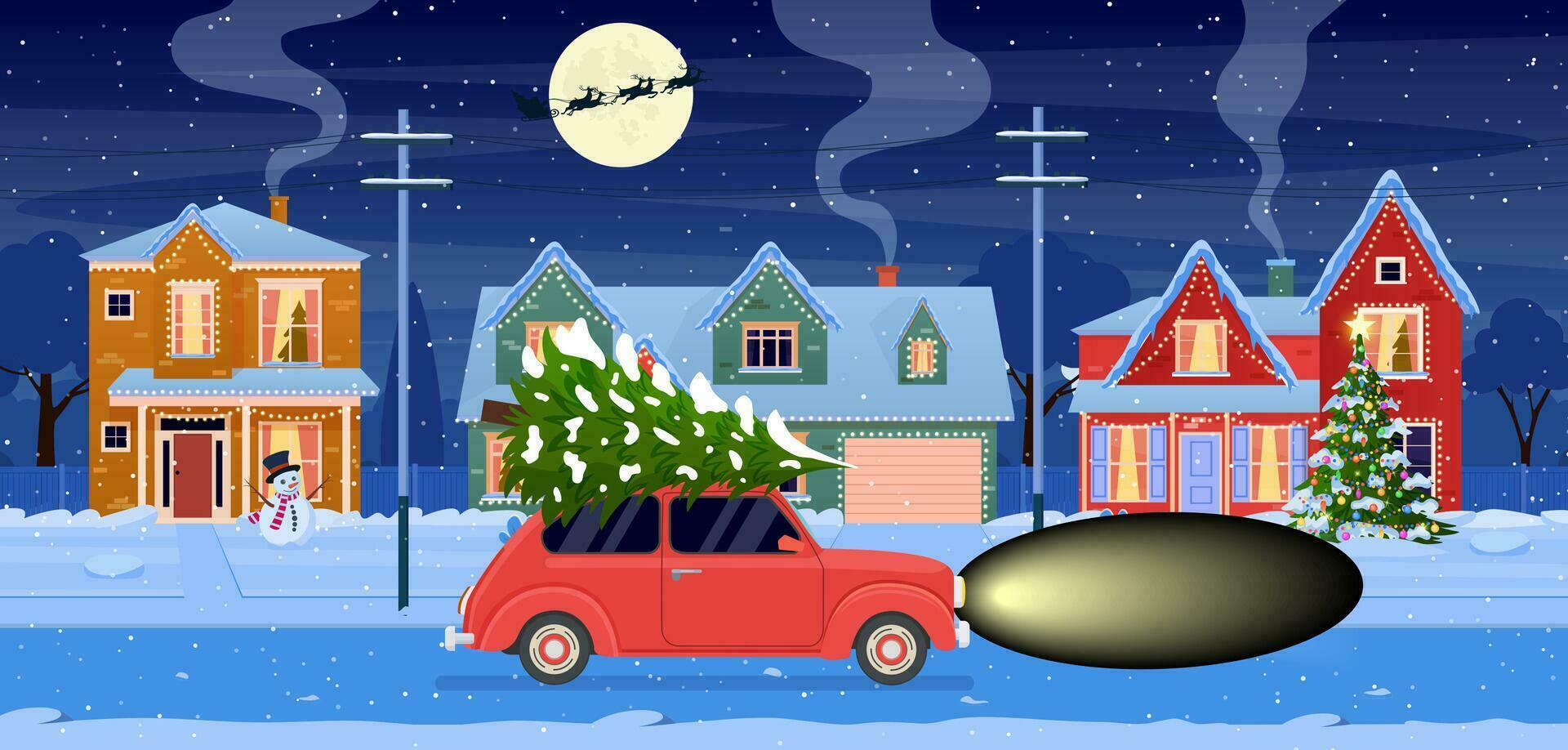 Residential houses with christmas decoration at night. Christmas landscape card design of retro car with christmas tree on the top. background with moon and the Santa Claus. Vector illustration