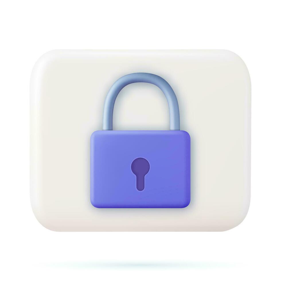 3D white square icon button with Blue closed padlock. Safety and confidentiality information and property. Locked password and personal web account security. 3d render. Vector illustration