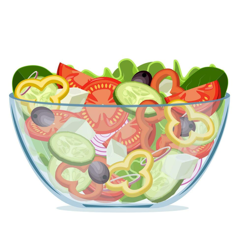 Greek Green salad of fresh vegetables in a transparent salad bowl object isolated on a white background. Vector illustration in flat style