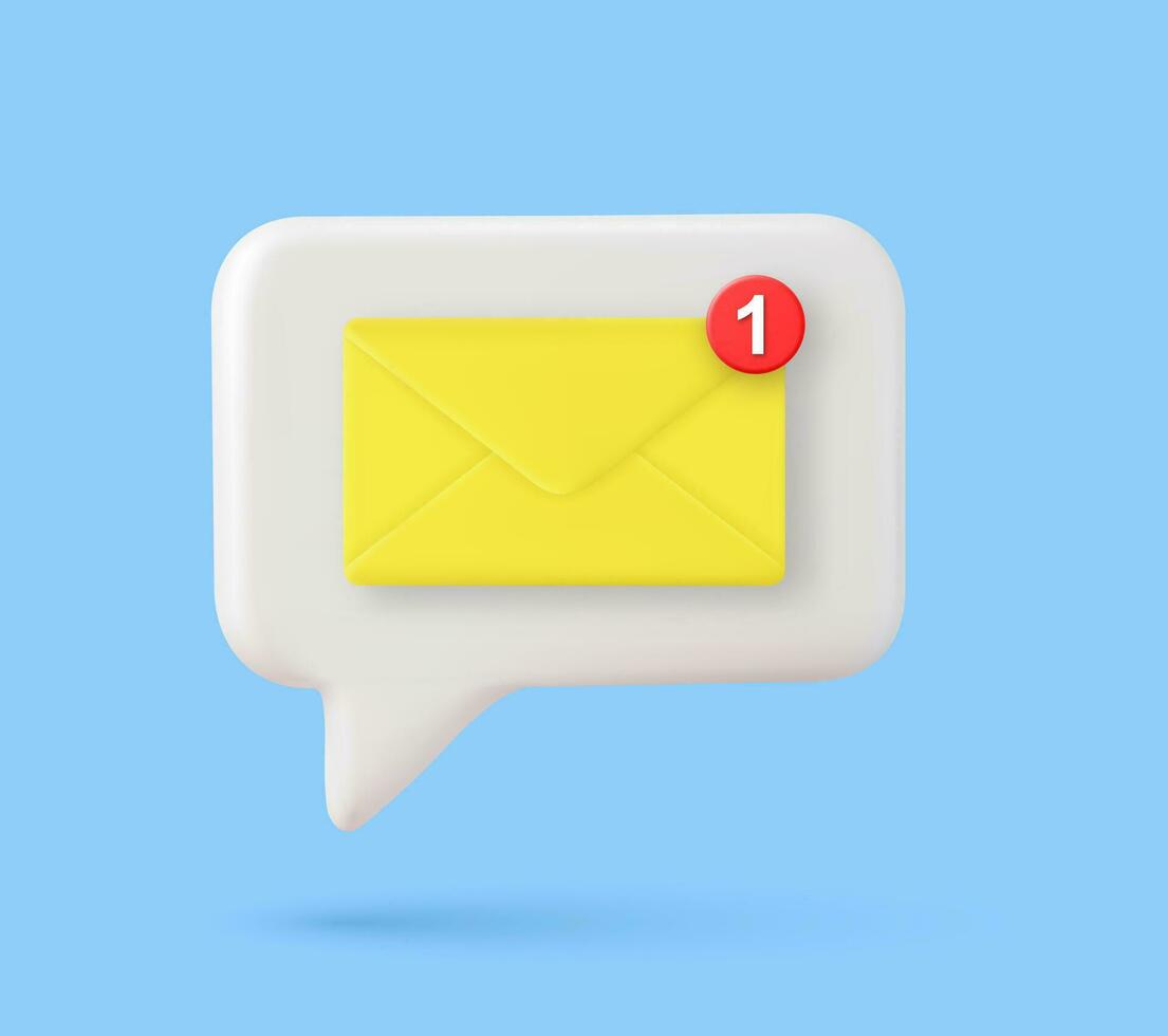 3d Email icon on white bubble. Newsletter yellow envelop, mail message reminder notification with red marker. Delivered sms. Vector illustration.