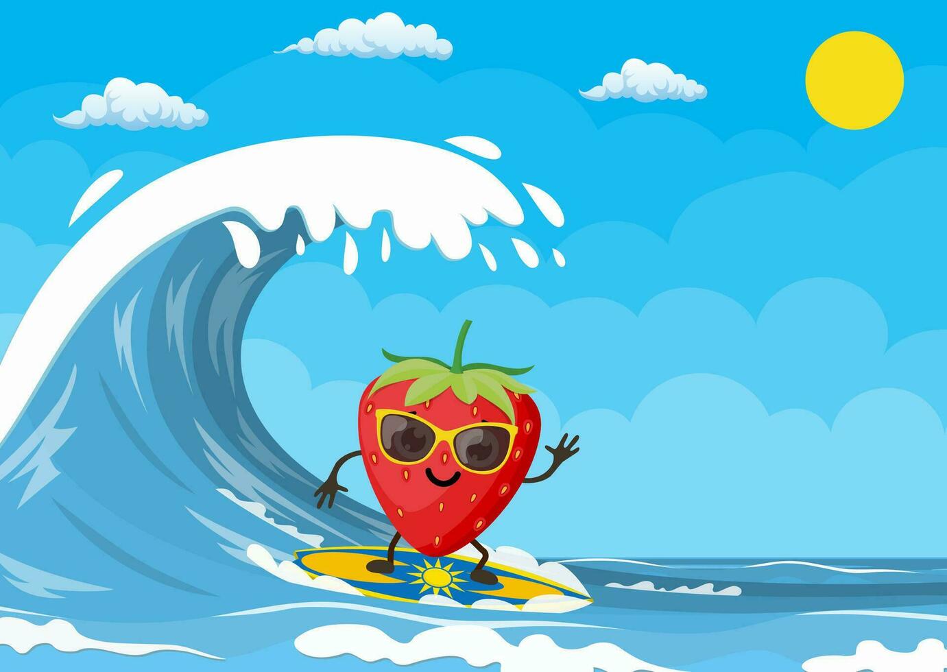 strawberry characters surfing on wave. Holidays on the sea. Beach activities. Summer time. Vector illustration in flat style