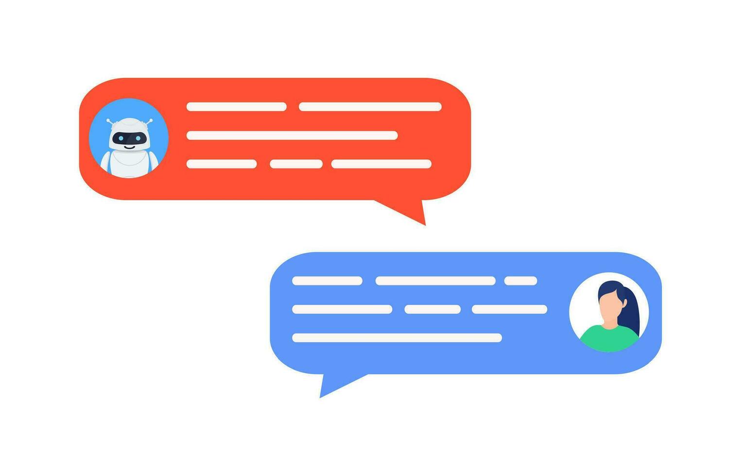 Chatbot robot concept. Dialog help service. User and bot speech messages. WoMan chatting with cute smiling robot. Dialog with bot. Vector illustration in flat style