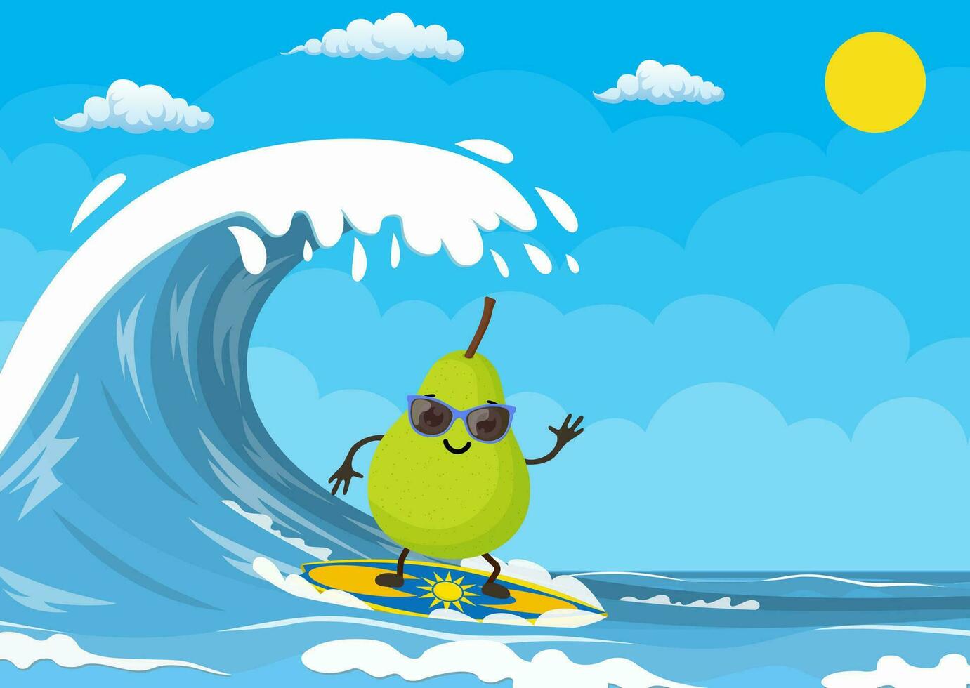 pear characters surfing on wave. Holidays on the sea. Beach activities. Summer time. Vector illustration in flat style
