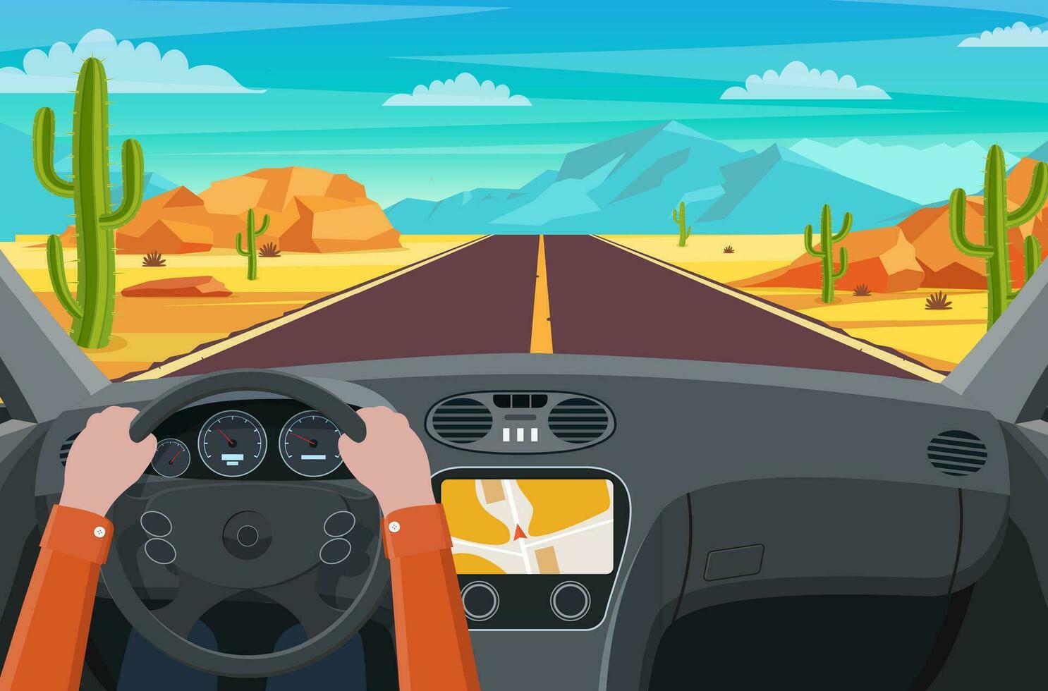 ver de el la carretera desde el coche interior. autopista la carretera en desierto. arenoso Desierto paisaje con camino, rocas y cactus autopista en Arizona o mexico caliente arena. vector ilustración en plano estilo