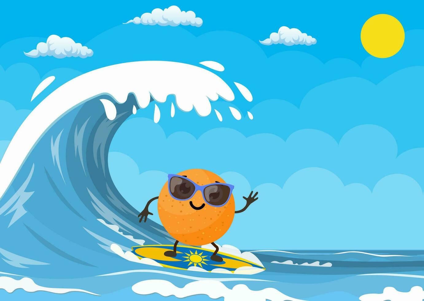 orange characters surfing on wave. Holidays on the sea. Beach activities. Summer time. Vector illustration in flat style