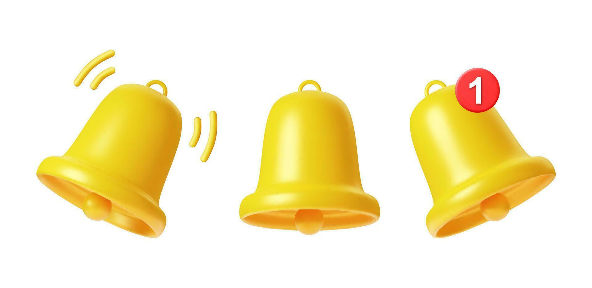 3d render Yellow Bell notifications. Set of Bells Icon with new message. Ringing handbell icons for social media reminder and alert. Vector illustration.