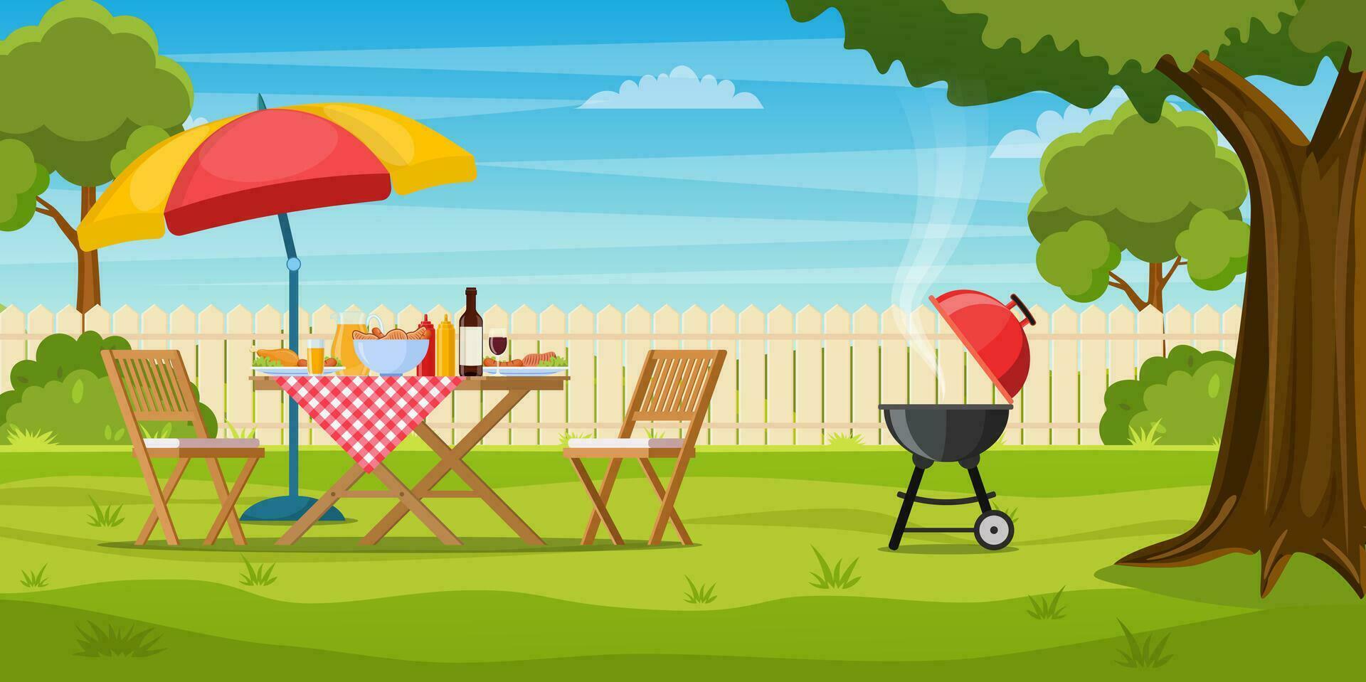 barbacoa fiesta en el patio interior con cerca, árboles, arbustos picnic con parilla en verano césped en parque o jardín comida en mesa, sillas y sombrilla. vector ilustración en plano diseño