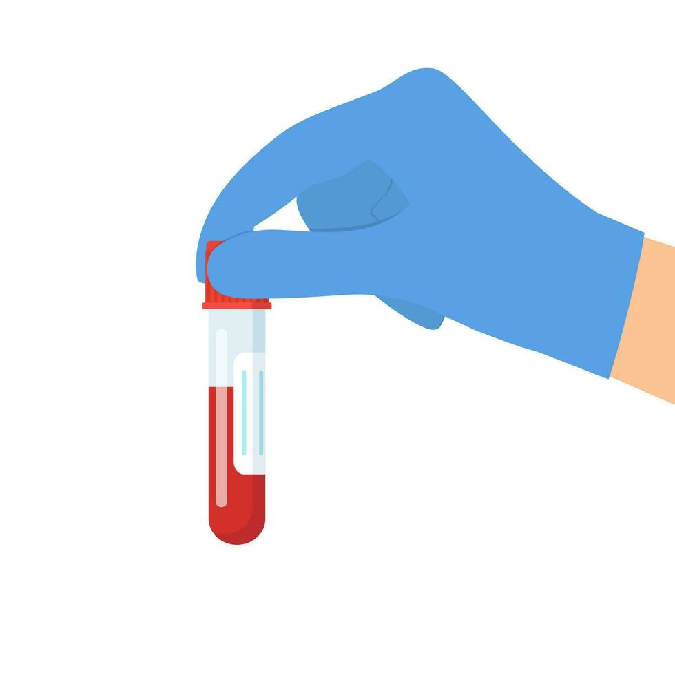Doctor Hand holding test tube with blood isolated on white. Medical background, advertising websites. Laboratory research. Equipment for analysis. Vector illustration in flat style