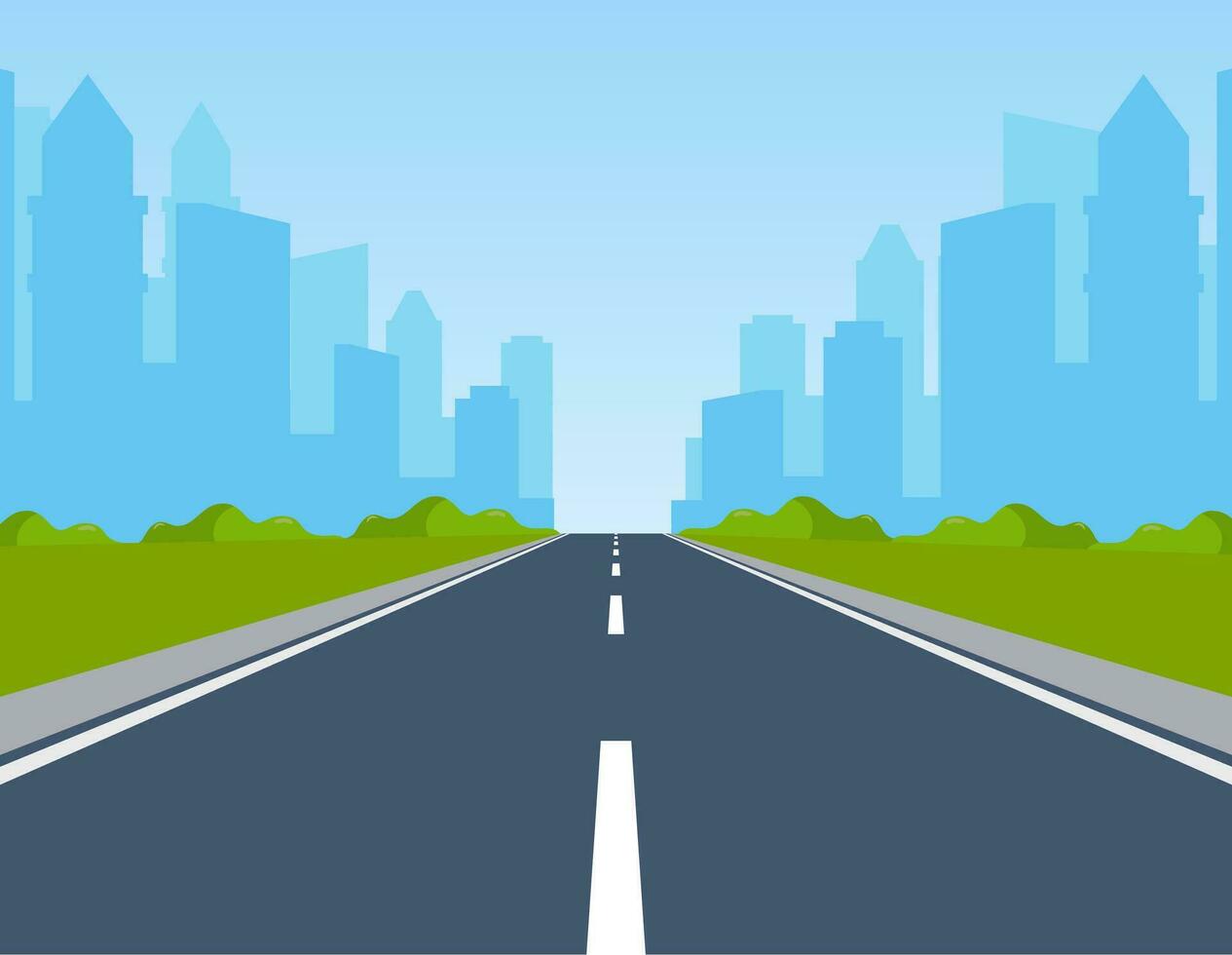 Road way to city buildings on horizon. highway cityscape, modern big skyscrapers town far away ahead, Vector illustration in flat style