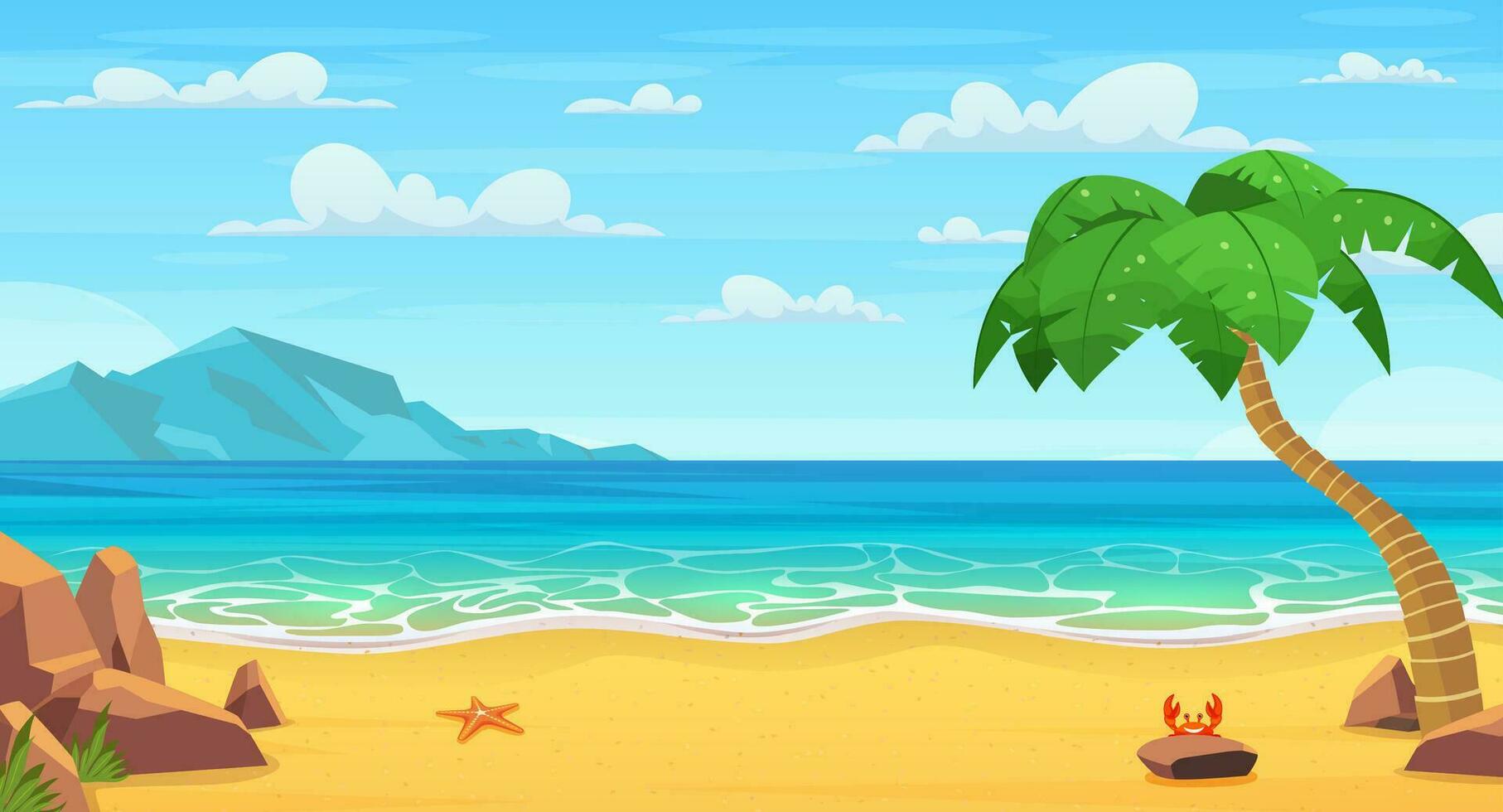 Sea landscape. Tropical beach, ocean seashore. Paradise island panorama with palm tree and sky,yacht. Tropical landscape. Vector illustration in flat style