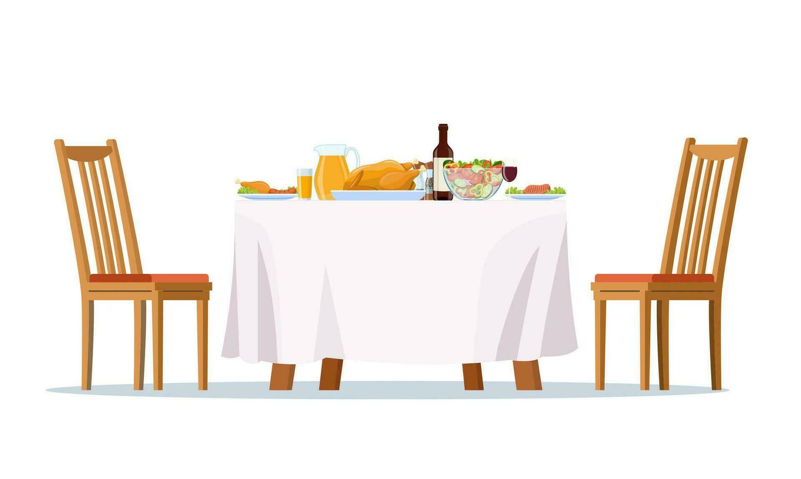 Table laid, festive dinner food dishes, drinks and chairs. Family dining room and restaurant laid table with party celebration lunch, breakfast or brunch meals. vector illustration in flat design