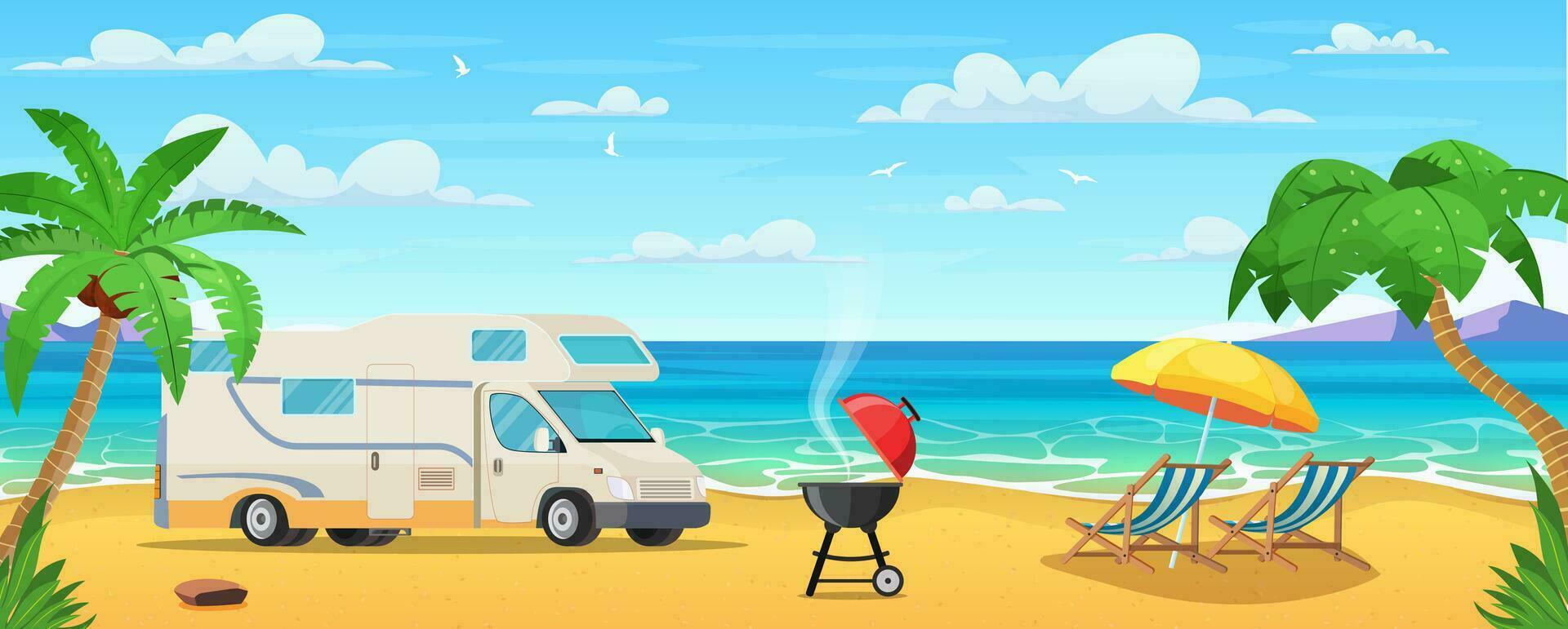 verano acampar en tropical playa con camioneta, Dom tumbonas marina, vacaciones bandera. Hora de verano en el playa. dibujos animados palmas y plantas alrededor. vector ilustración en plano estilo