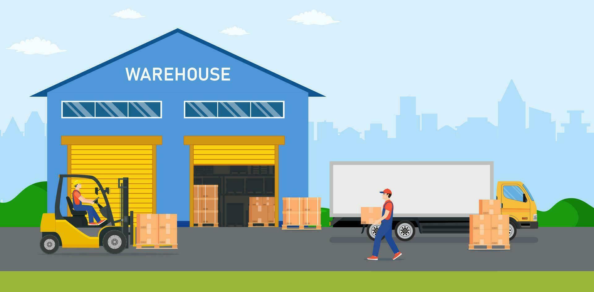 Warehouse industry with storage buildings, trucks, forklift and rack with boxes. Distribution logistic and cargo delivery concept. Vector illustration in flat style