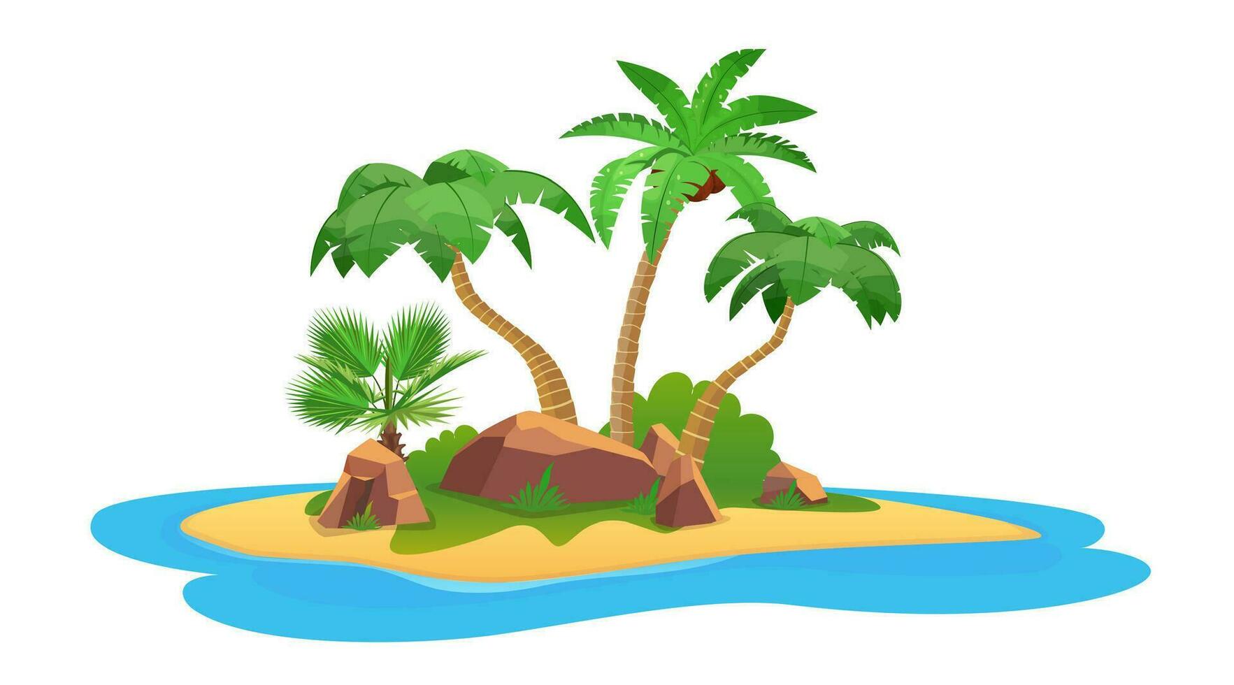 Tropical island with palm trees, sand and water isolated on white background. Cartoon uninhabited island surrounded by water. Vector illustration in flat style