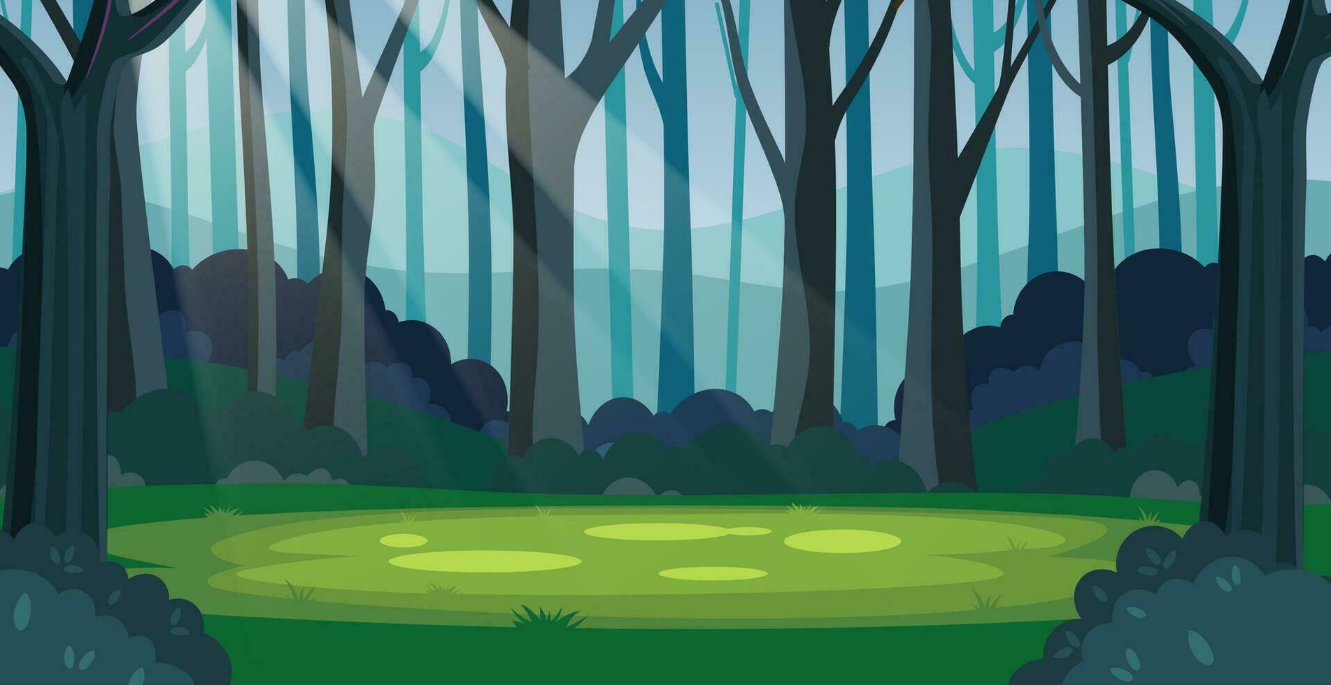 magic summer jungle forest glade with sunbeams. Cartoon forest background, nature landscape with trees, green grass, bushes. Scenery view, summer or spring wood. Vector illustration in flat style