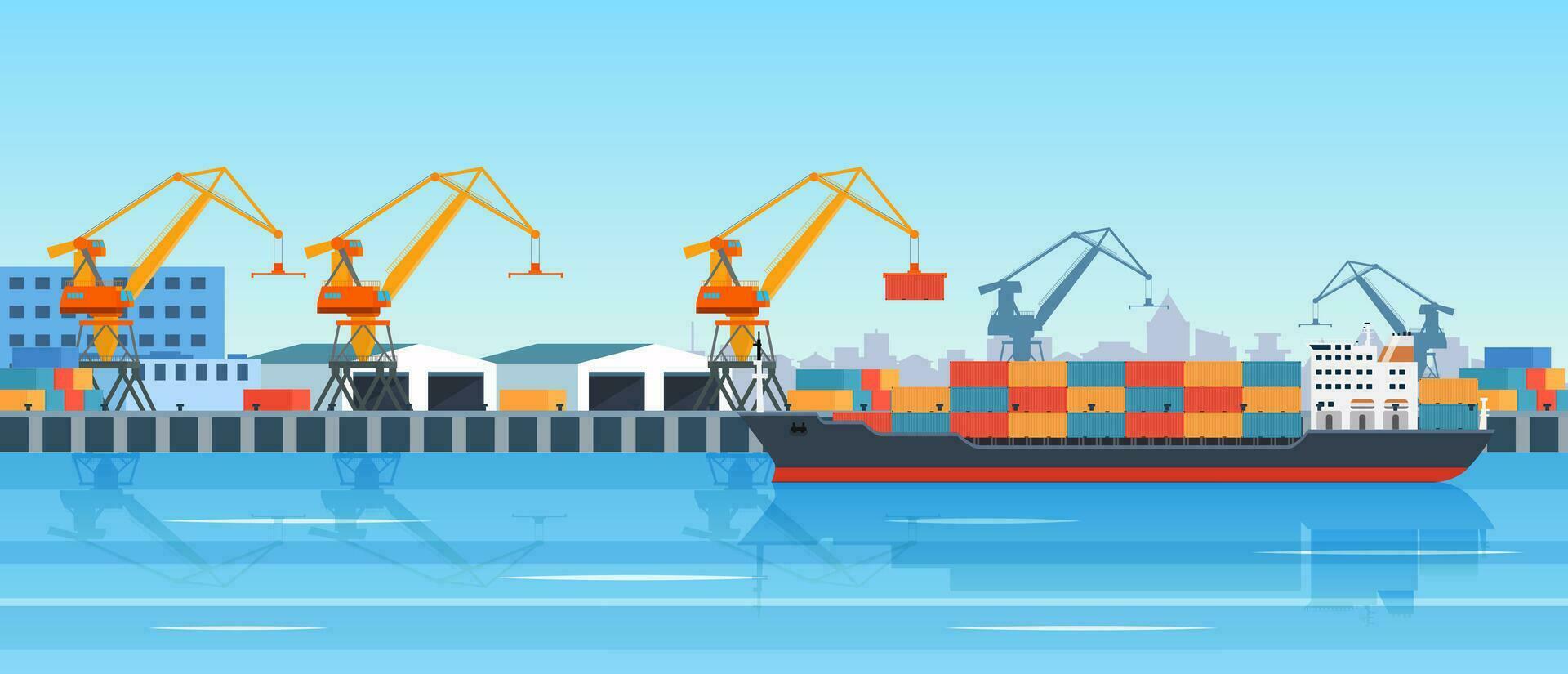 Cargo ship loading in city port. Cranes on dockside, pier unloading shipping containers from freight vessel to shore. Vector illustration in flat style