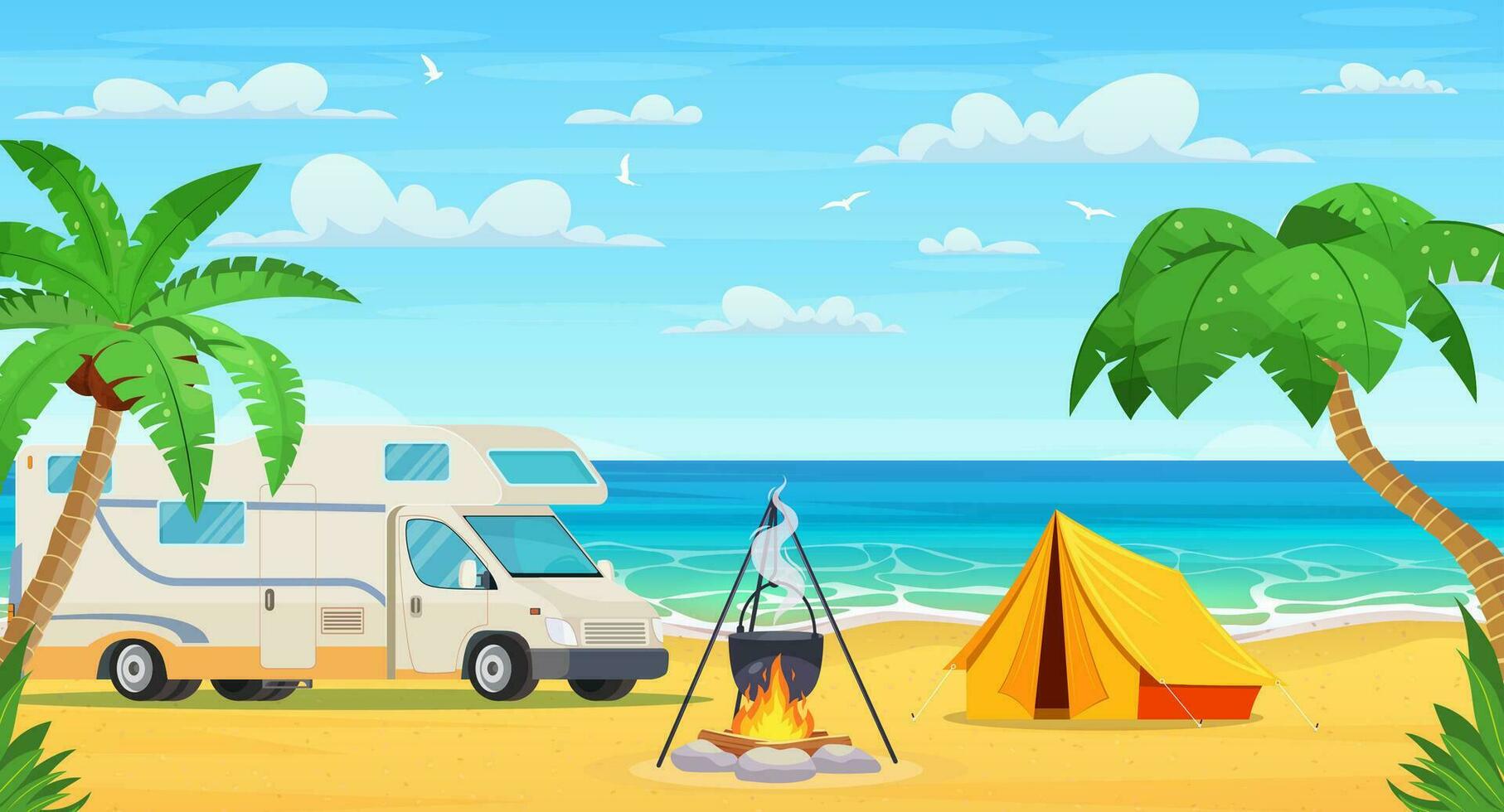 Summer camp on Tropical beach with bonfire, tent, van. Seascape, vacation banner. Summertime on the beach. cartoon Palms and plants around. Vector illustration in flat style