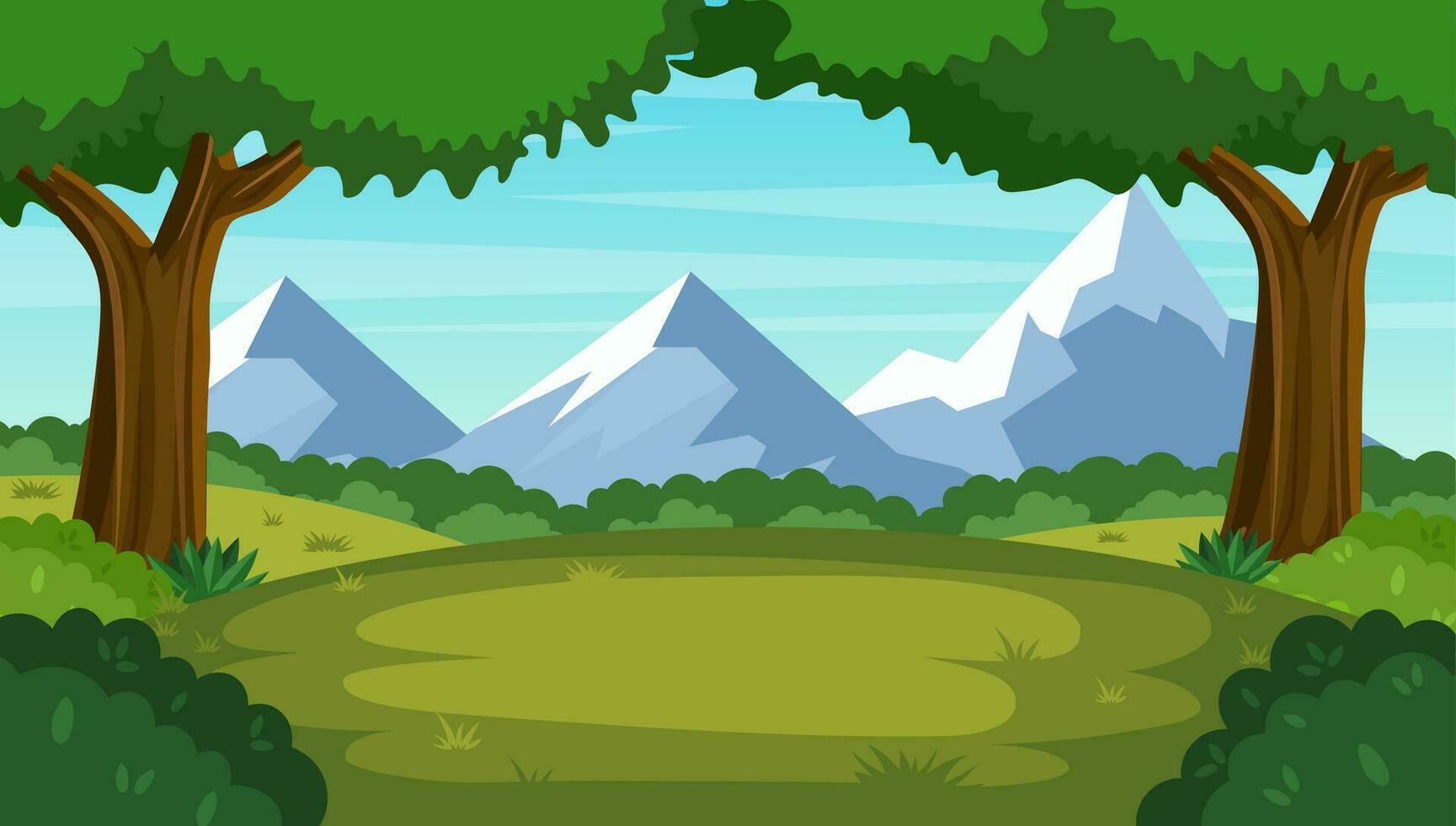 Cartoon forest background, nature landscape with deciduous trees, green grass, bushes,Mountain. Scenery view, summer or spring wood. Vector illustration in flat style