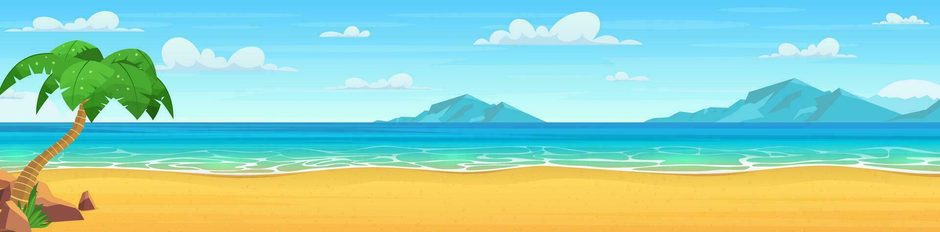 Sea panorama. Tropical beach. Seascape, vacation banner. Summertime on the beach. cartoon Palms and plants around. Vector illustration in flat style