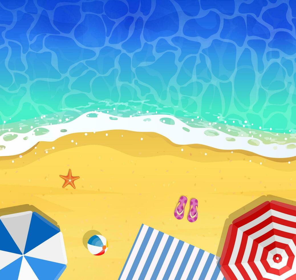 top view of calm ocean beach with blue waves. Coast of sea, ocean with sand. Sea surf, top view, background for a summer tropical banner or promotional offers. Vector illustration in flat style