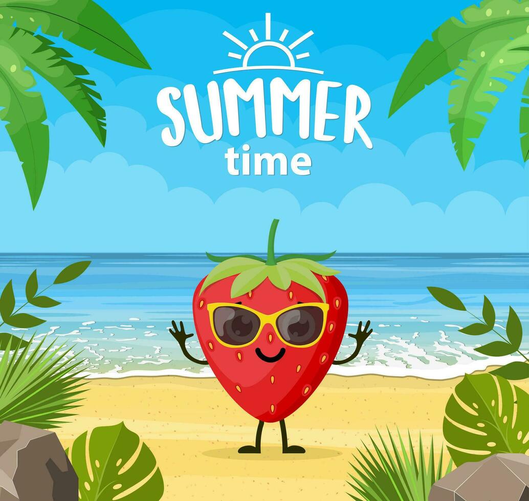 gracioso verano bandera con Fruta caracteres. tropical playa. verano paisaje. dibujos animados fresa caracteres tropical playa. vector ilustración en plano estilo