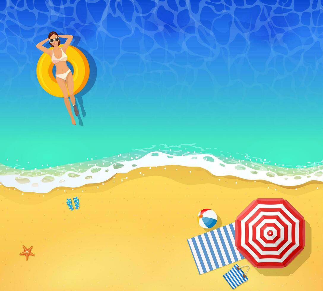 joven mujer nadando en mar o océano. dibujos animados personas caracteres en playa. verano fiesta viaje y vacaciones a recurso concepto. vector ilustración en plano estilo