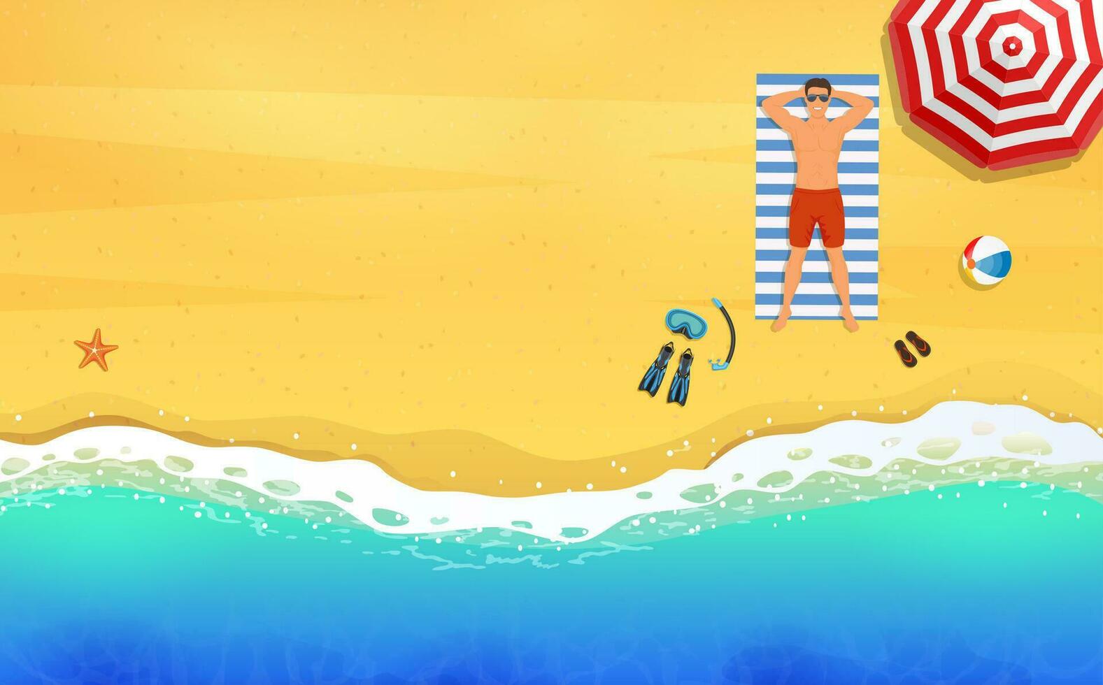 hombre en el playa. verano tiempo. hombre vistiendo acostado en el playa en un blanco y azul a rayas toalla. chico descanso por mar, relajarse, enfriar, bronceado. verano vacaciones. vector ilustración en plano estilo
