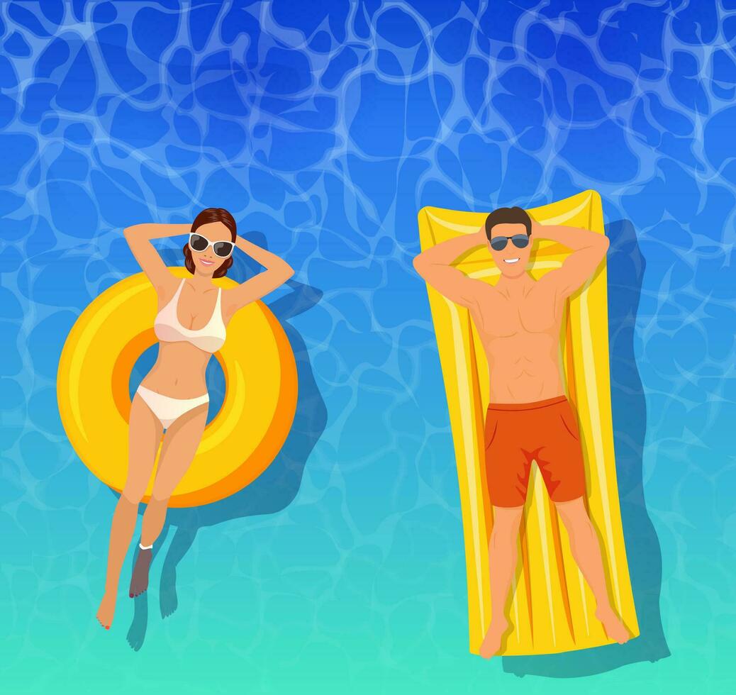 Couple sunbathing top view. Man and Woman swimming on inflatable floats. The concept of vacation and travel. Vector illustration in flat style