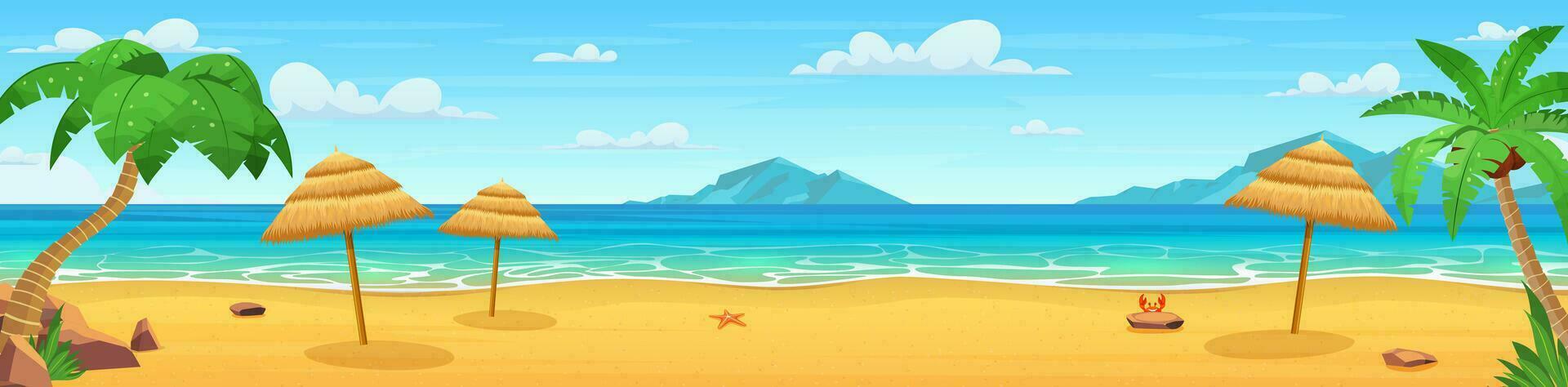 Sea panorama. Tropical beach. Seascape, vacation banner. Summertime on the beach. cartoon Palms and plants around. Vector illustration in flat style