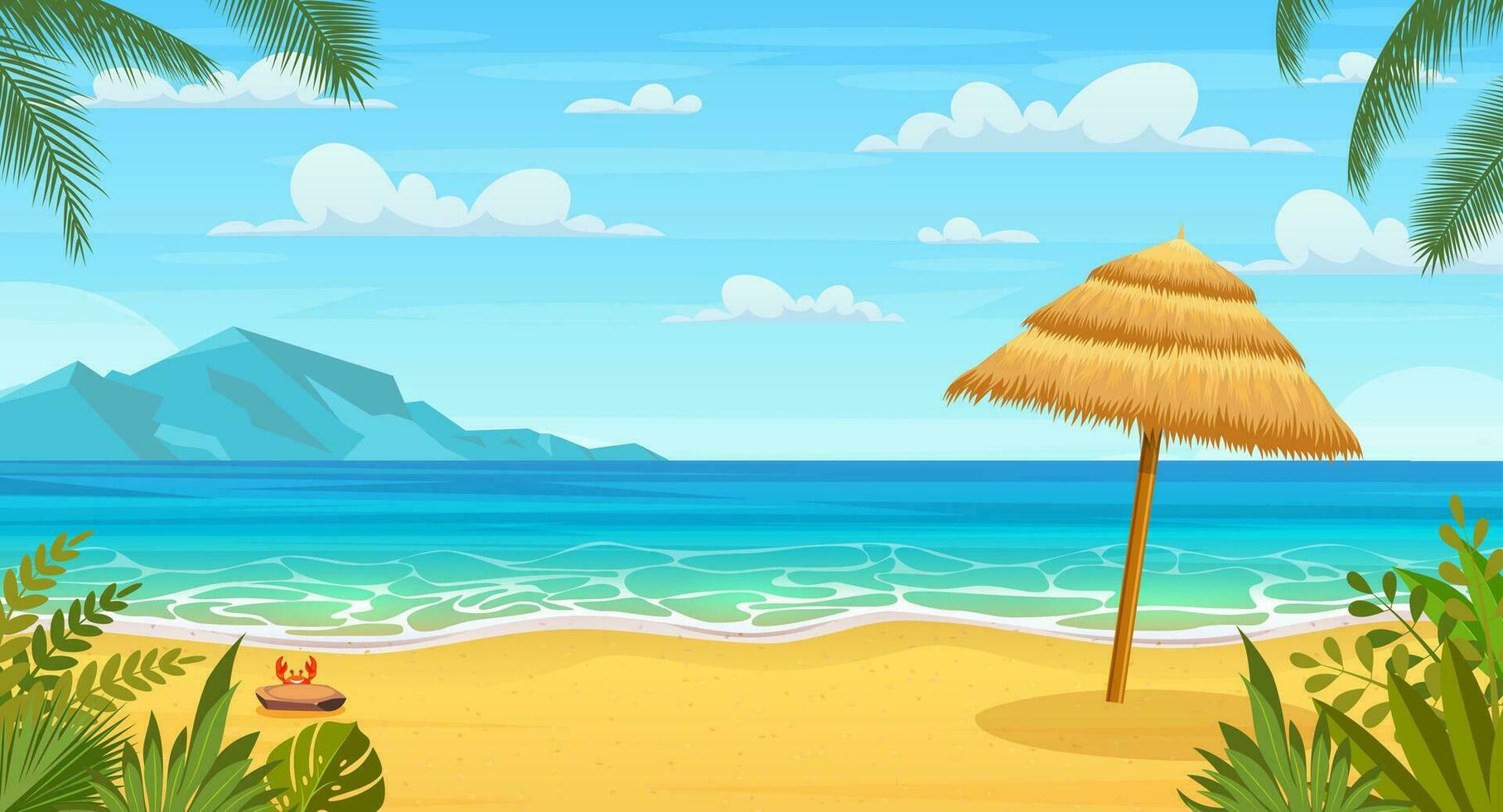 mar panorama. tropical playa. marina, vacaciones bandera. Hora de verano en el playa. dibujos animados palmas y plantas alrededor. vector ilustración en plano estilo