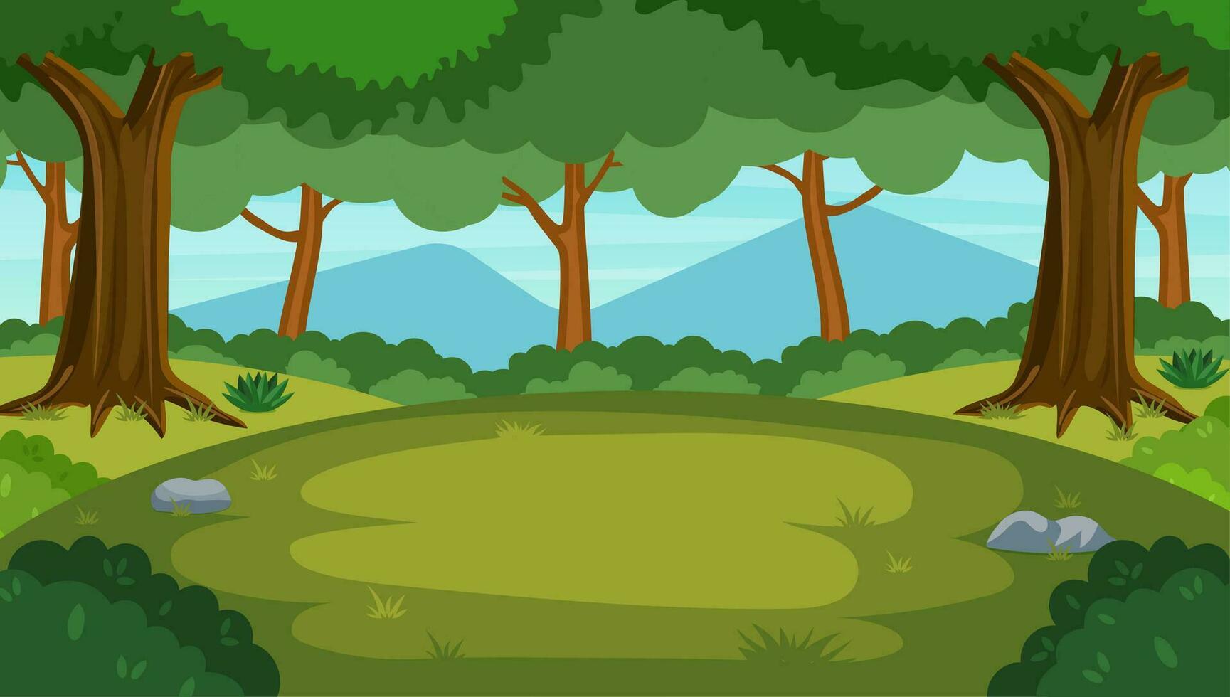 Cartoon forest background, nature landscape with deciduous trees, green grass, bushes. Scenery view, summer or spring wood. Vector illustration in flat style