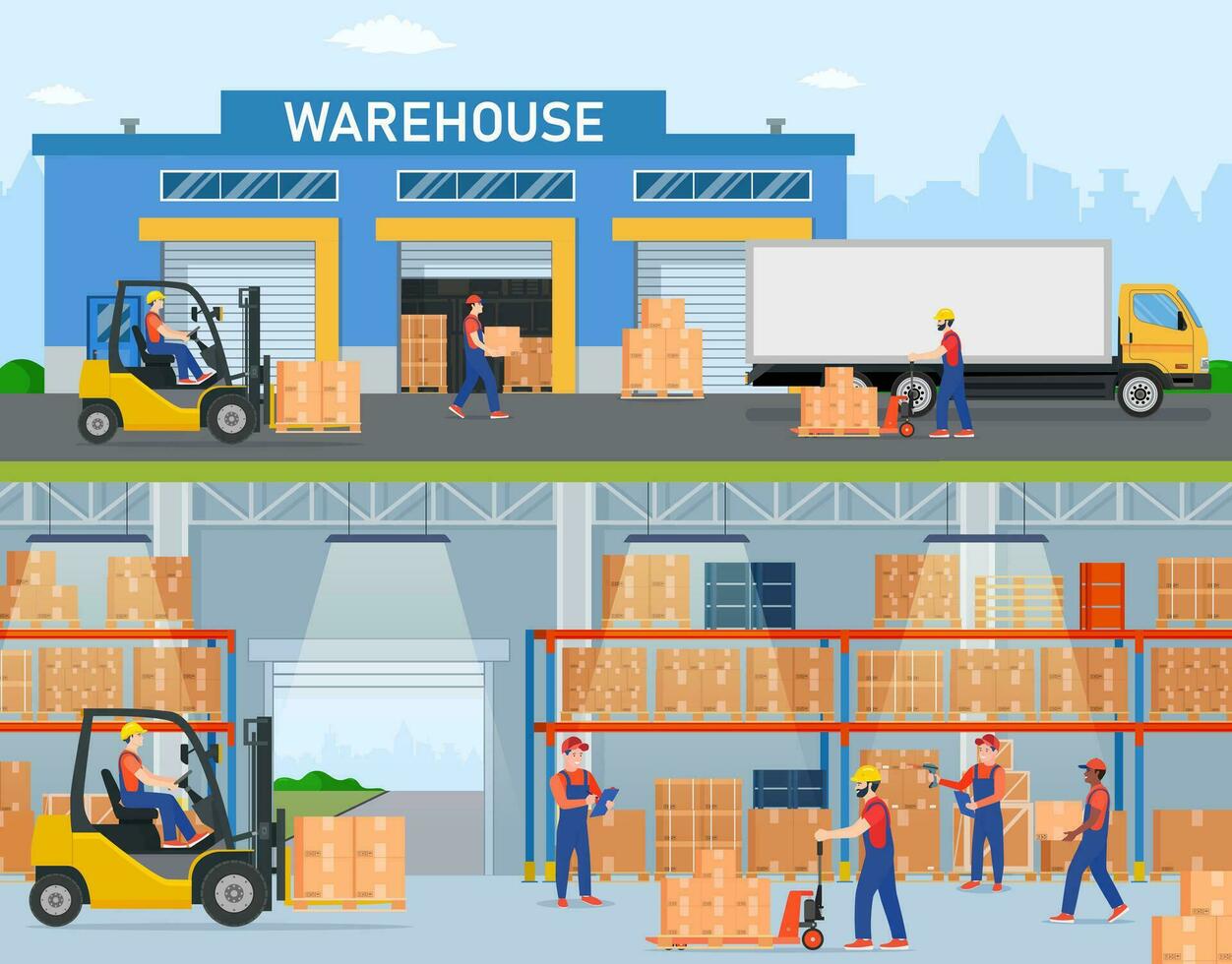 Warehouse horizontal banners with storage workers engaged in loading and unloading of goods. Interior and exterior with trucs and people.Vector illustration in flat style vector