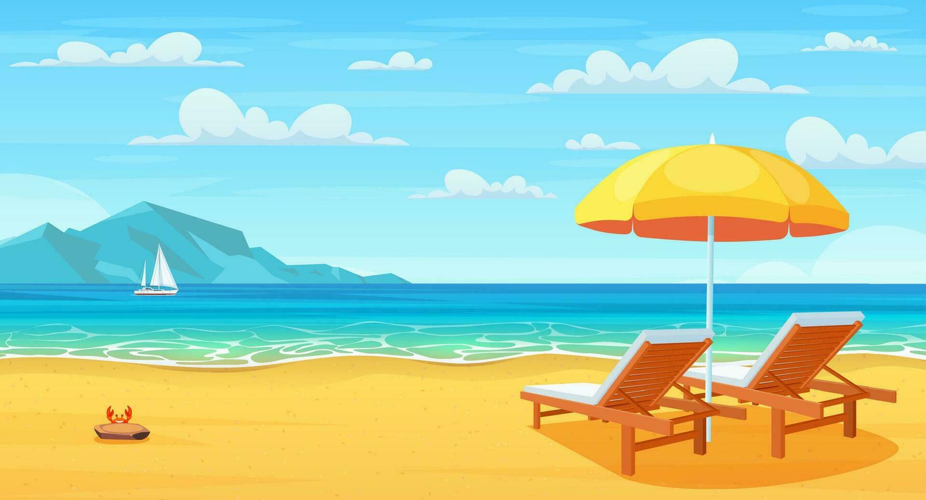 Sea beach and sun loungers. Seascape, vacation banner. Summertime on the beach. cartoon Summer vacation on sea coast. Vector illustration in flat style