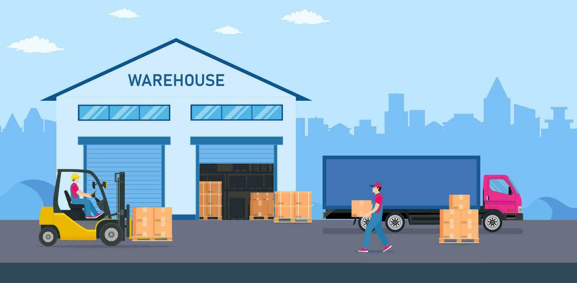 Warehouse industry with storage buildings, trucks, forklift and rack with boxes. Distribution logistic and cargo delivery concept. Vector illustration in flat style