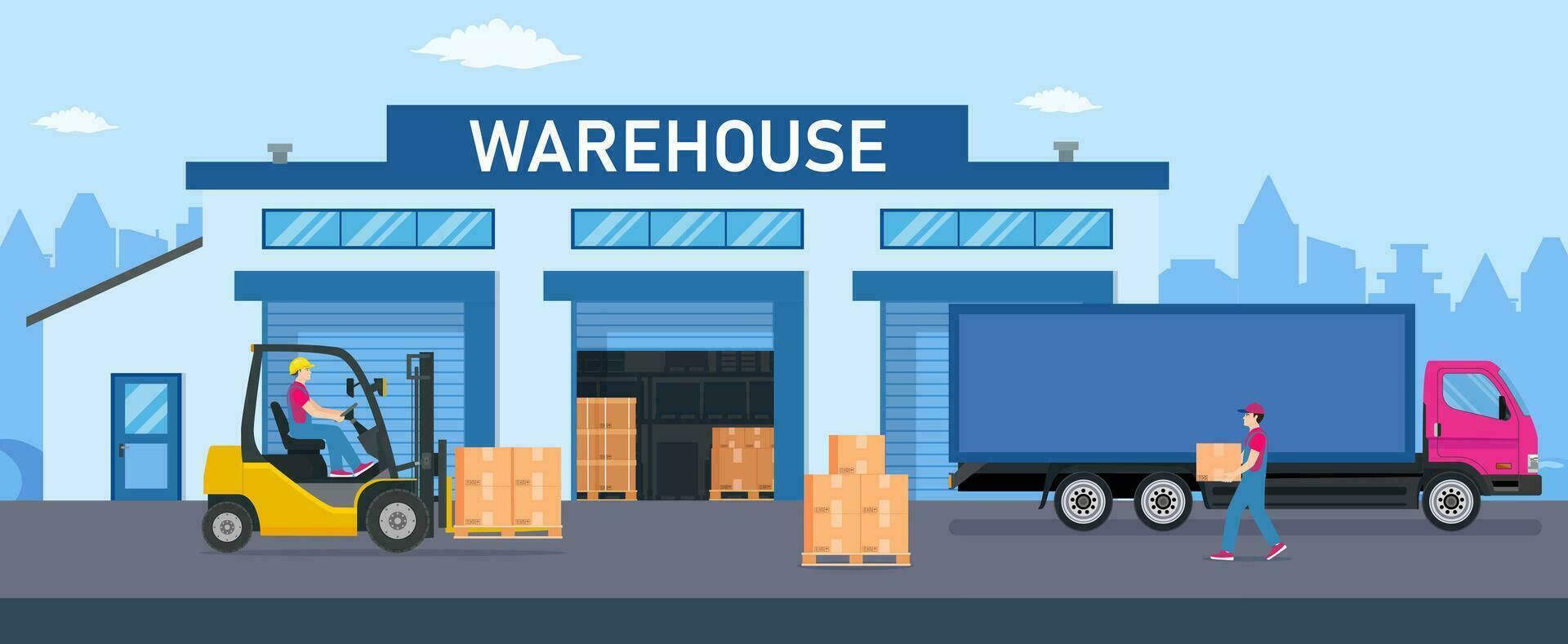 Warehouse industry with storage buildings, trucks, forklift and rack with boxes. Distribution logistic and cargo delivery concept. Vector illustration in flat style