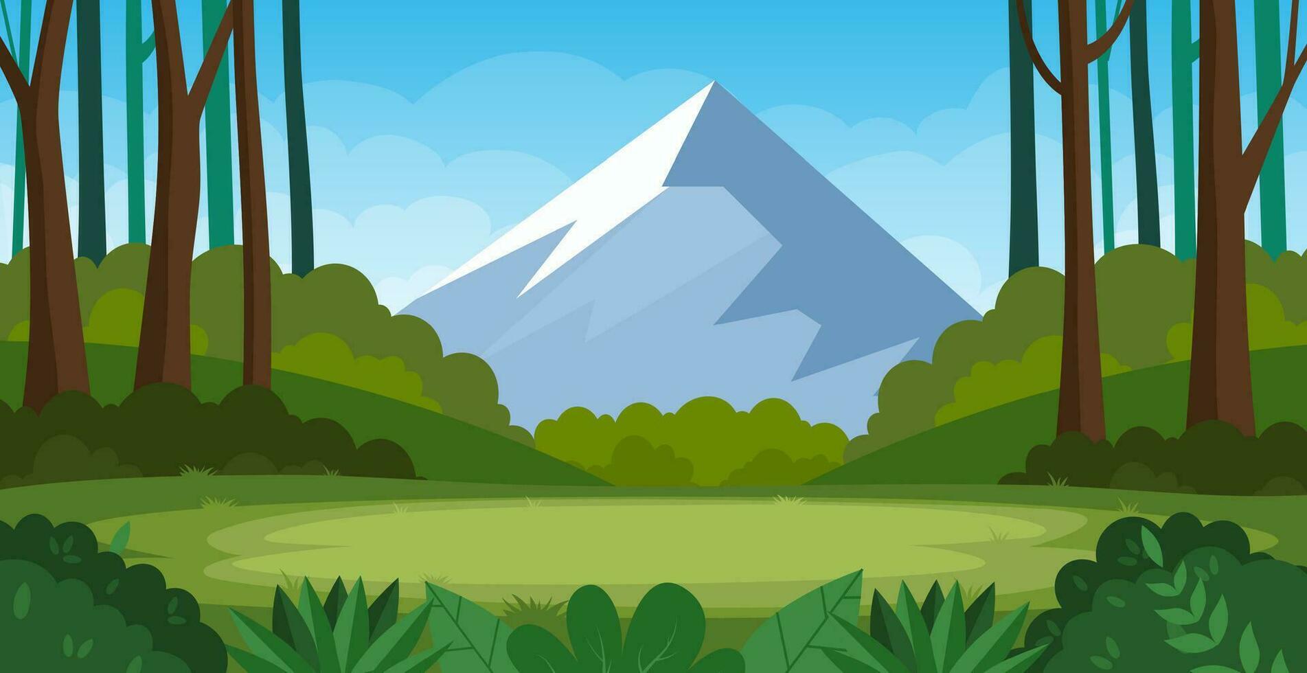 Cartoon forest background, nature landscape with deciduous trees, green grass, bushes,Mountain. Scenery view, summer or spring wood. Vector illustration in flat style