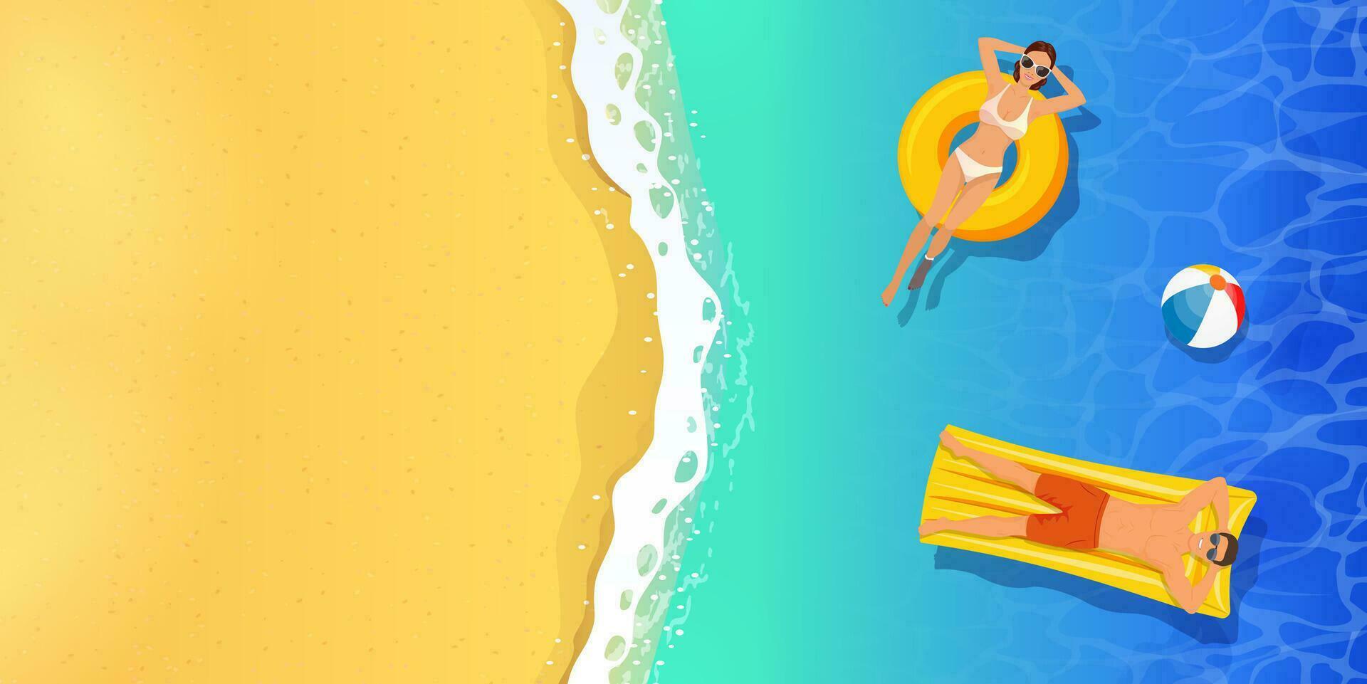 top view summer tropical banner. Young woman and men swimming in sea or ocean. Summer holiday travel and vacation at resort concept. Vector illustration in flat style