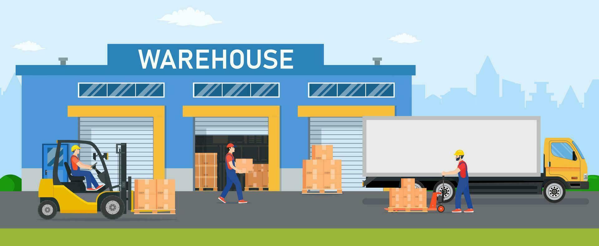 Warehouse industry with storage buildings, trucks, forklift and rack with boxes. Distribution logistic and cargo delivery concept. Vector illustration in flat style