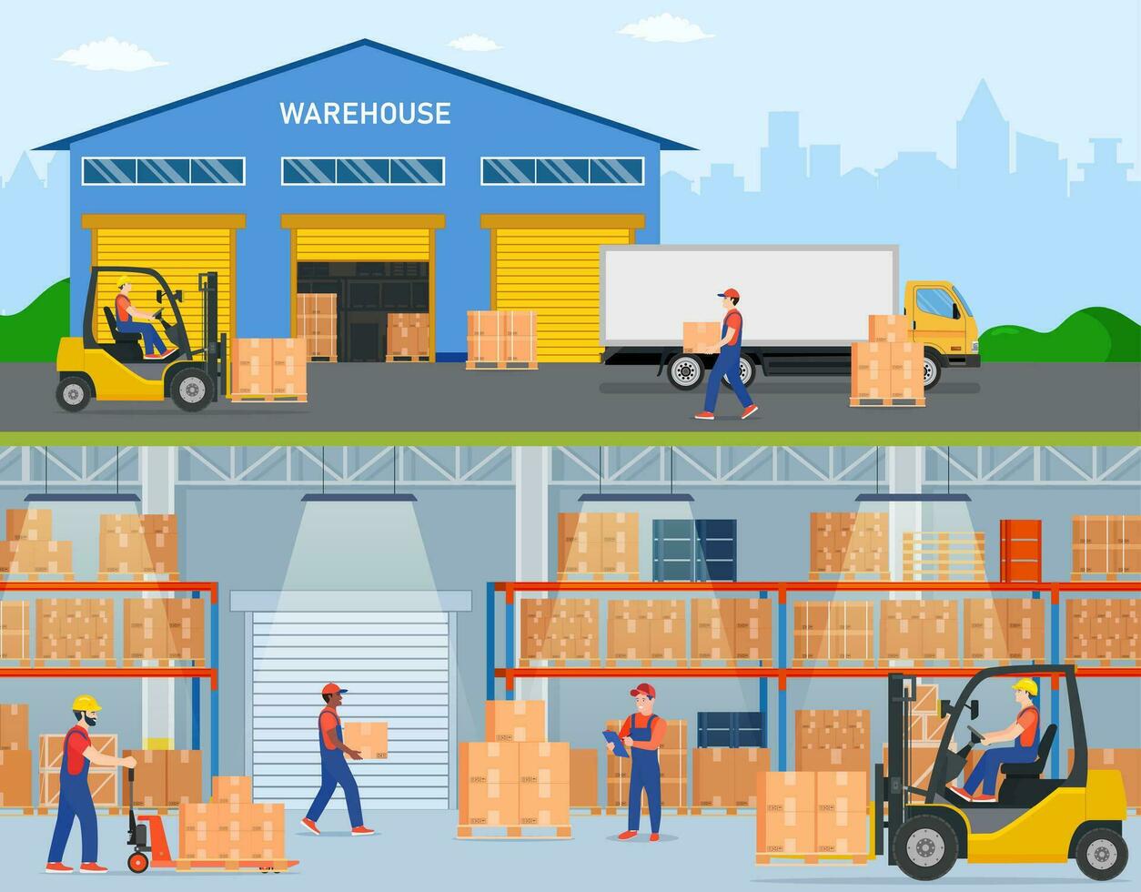 Warehouse horizontal banners with storage workers engaged in loading and unloading of goods. Interior and exterior with trucs and people.Vector illustration in flat style vector