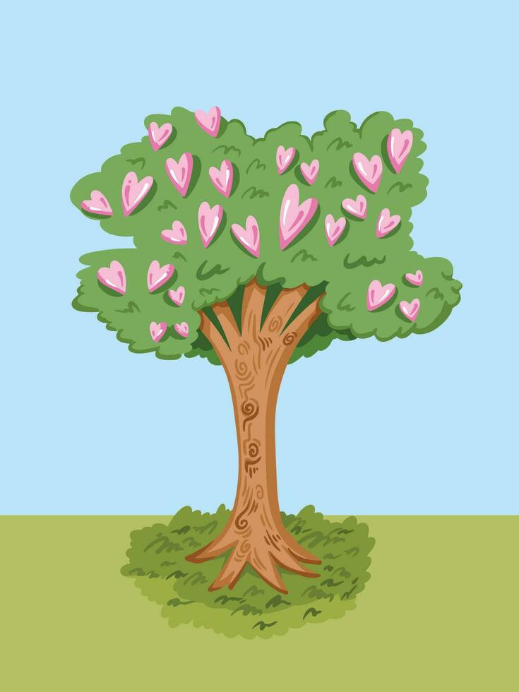 Tree with heart shaped fruit vector illustration isolated on plain sky and grass colored vertical background. Simple flat cartoon styled drawing. February valentine's day themed art.