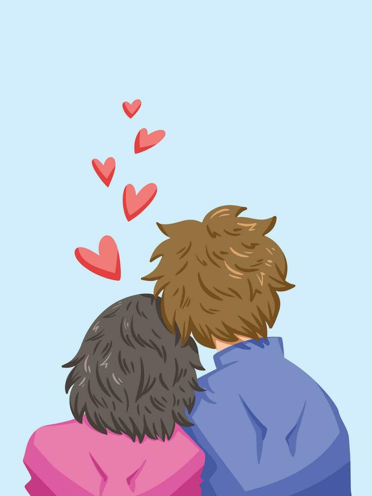 Lovely Girlfriend and Boyfriend lover cuddling back view vector illustration isolated on vertical plain light blue background. Simple flat cartoon styled drawing. February valentine's day themed art.