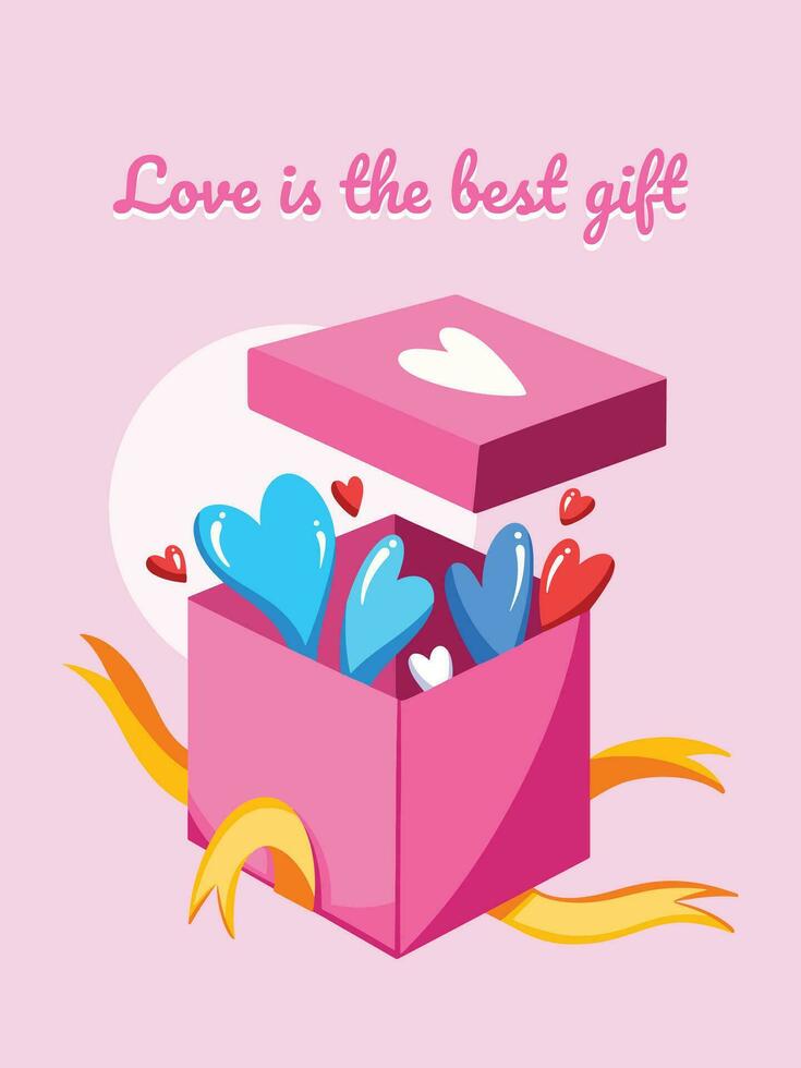 Love is the best gift. Blue, red, and white heart inside pink gift box vector illustration isolated on vertical pink background. Simple flat cartoon styled drawing. February valentine's day themed art