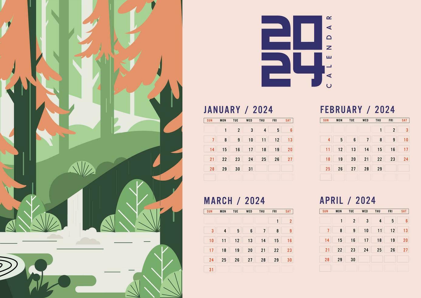 3 fold tent calendar 2024 template classical jungle scene 35729149