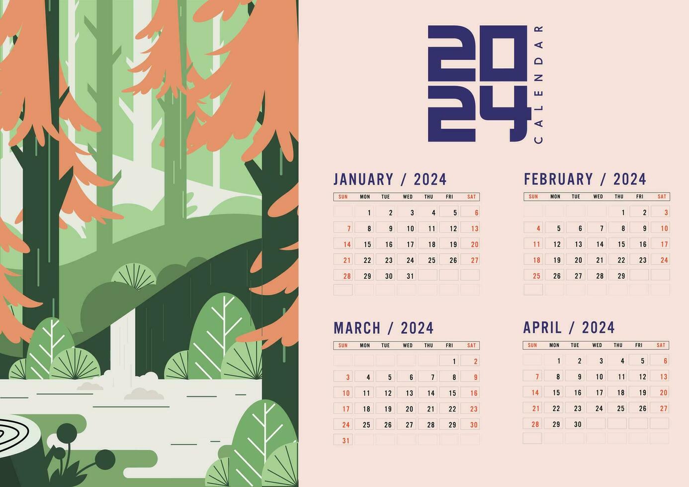 3 fold tent calendar 2024 template classical jungle scene vector