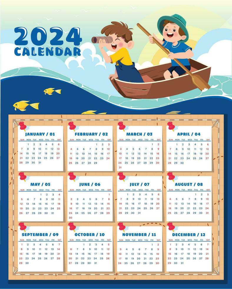 Calendar with illustration of two children exploring vector