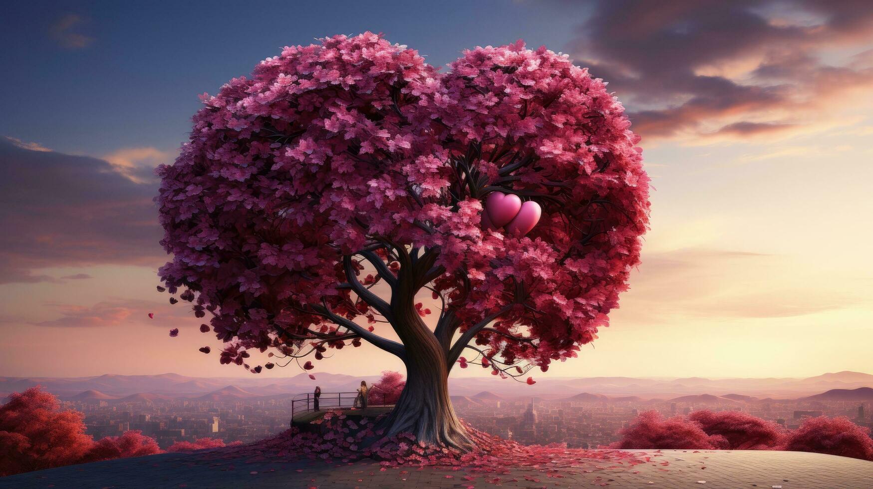 AI generated Red heart-shaped tree and pink heart leaves AI generated image photo