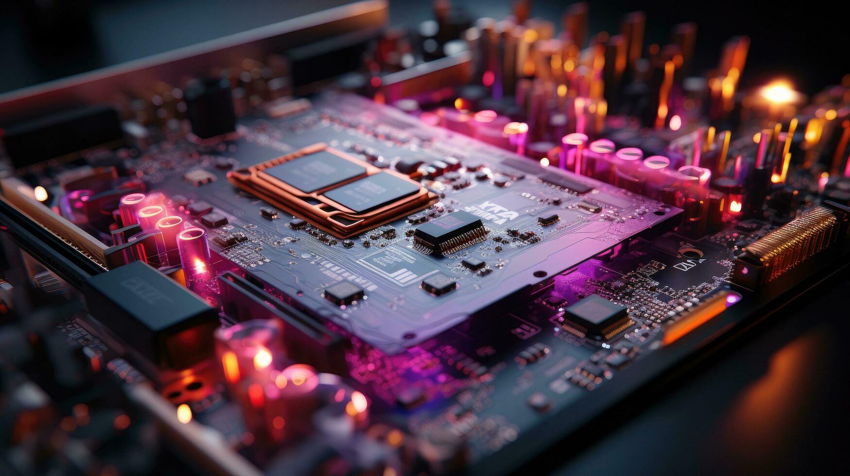 AI generated Modern computer board microcircuit microchip motherboard with processor and transistors electronics and computer components AI generated image photo