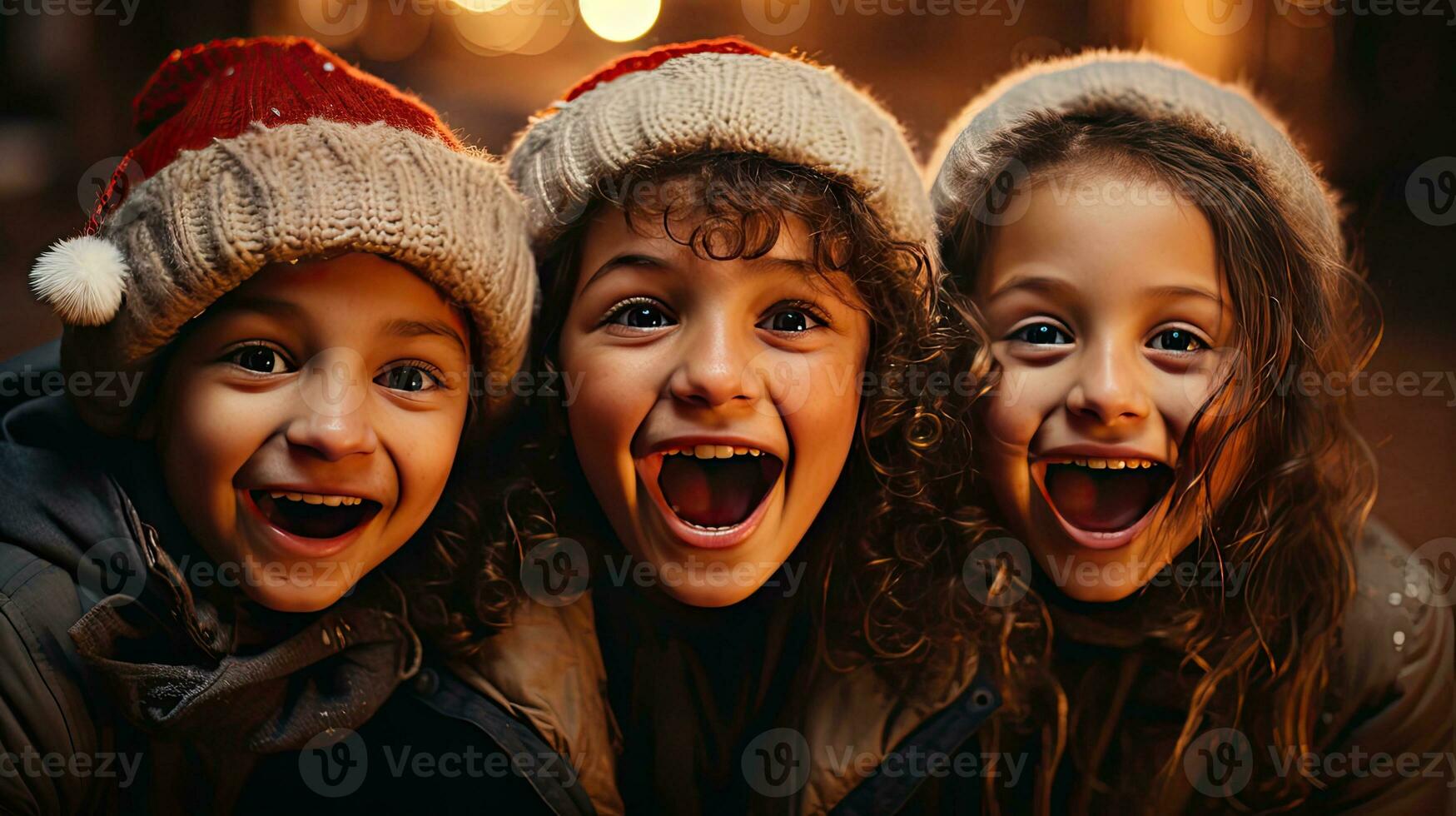 AI generated Happy children in warm hats smile and rejoice in winter and snow a nd New Year's Christmas AI generated image photo